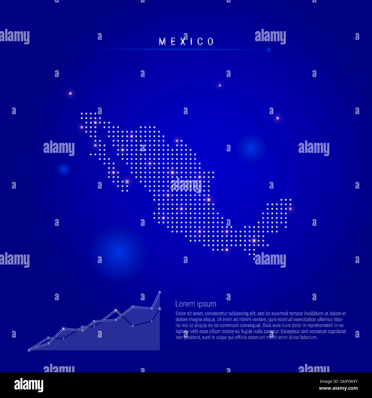 Messico mappa illuminato con puntini luminosi. Elementi Infographics. Blu scuro dello sfondo dello spazio. Illustrazione Vettoriale. Diagramma di crescente, lorem ipsum testo. Illustrazione Vettoriale