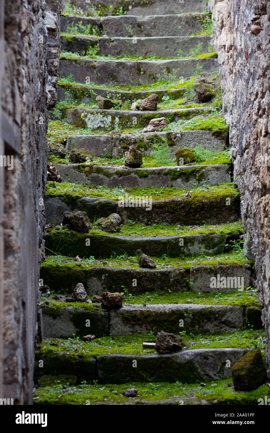 Gradini in pietra ricoperta di muschio, rovine di Pompei, Italia. Foto Stock