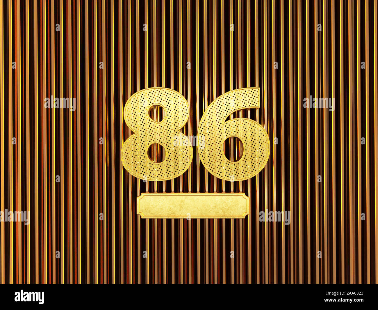 Numero 86 (numero ottantasei) perforato con piccoli fori sul metallo dello sfondo. 3D illustrazione Foto Stock