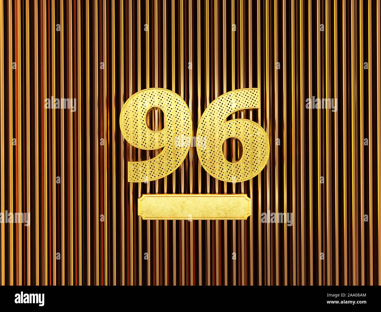 Numero 96 (numero novantasei) perforato con piccoli fori sul metallo dello sfondo. 3D illustrazione Foto Stock