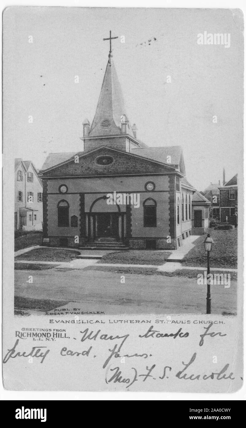 Cartolina inciso della Evangelica Luterana Chiesa di San Paolo a New York City, pubblicato da Edgar F. VAN Sicklen, 1905. Dalla Biblioteca Pubblica di New York. () Foto Stock