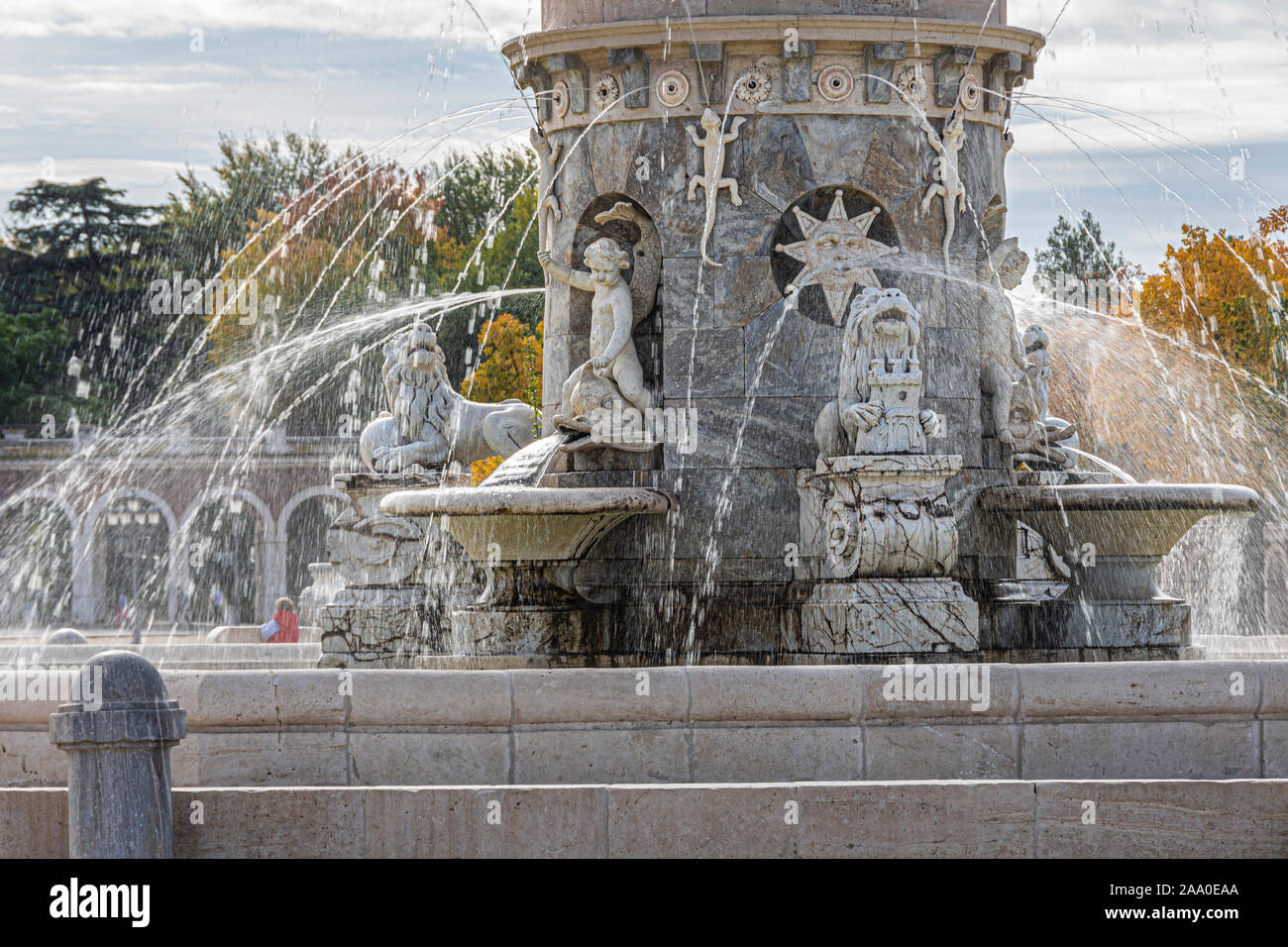 Dettaglio della fontana di Floriblanca o Venere in Plaza de San Antonio all'ingresso della città di Aranjuez. Comunità di Madrid Spagna Foto Stock