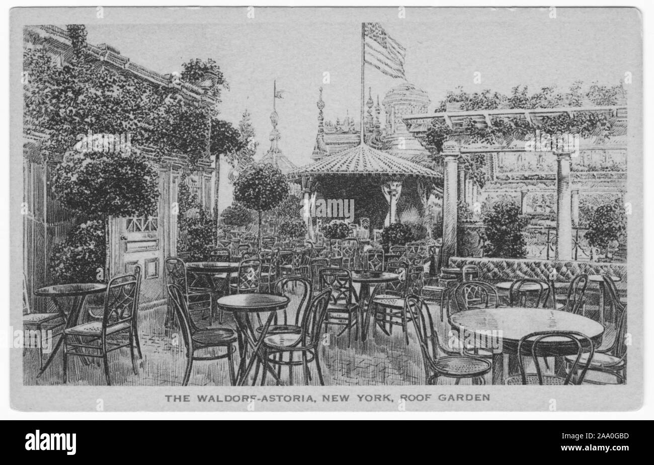 Incisi cartolina del giardino sul tetto al Waldorf Astoria di New York City, pubblicato da Sackett e Wilhelms Litho. e Stampa di Co, 1908. Dalla Biblioteca Pubblica di New York. () Foto Stock