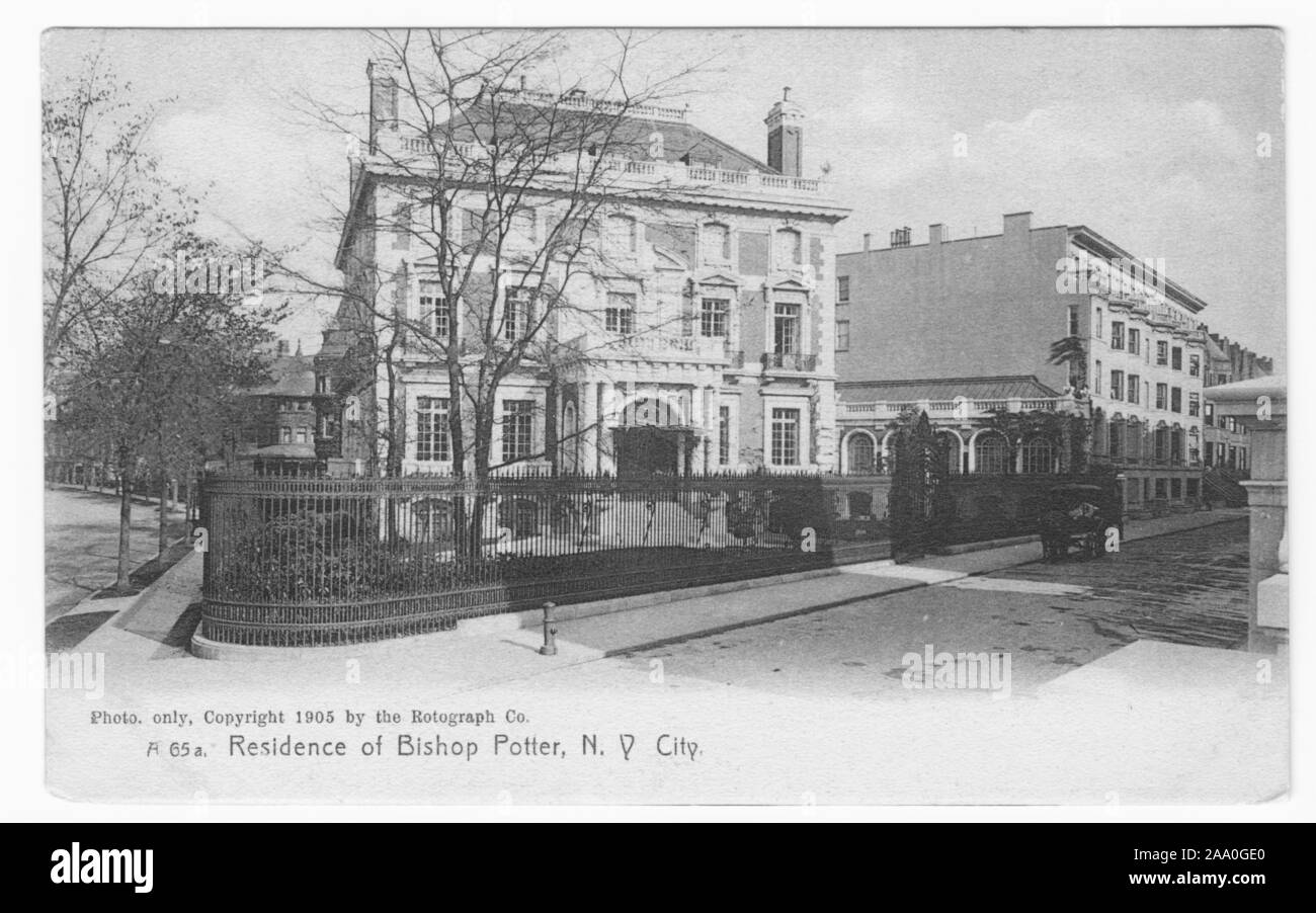 Cartolina inciso del Vescovo Potter's residence a West 89 Street a Riverside Drive, New York City, pubblicato da Rotograph Co, 1905. Dalla Biblioteca Pubblica di New York. () Foto Stock