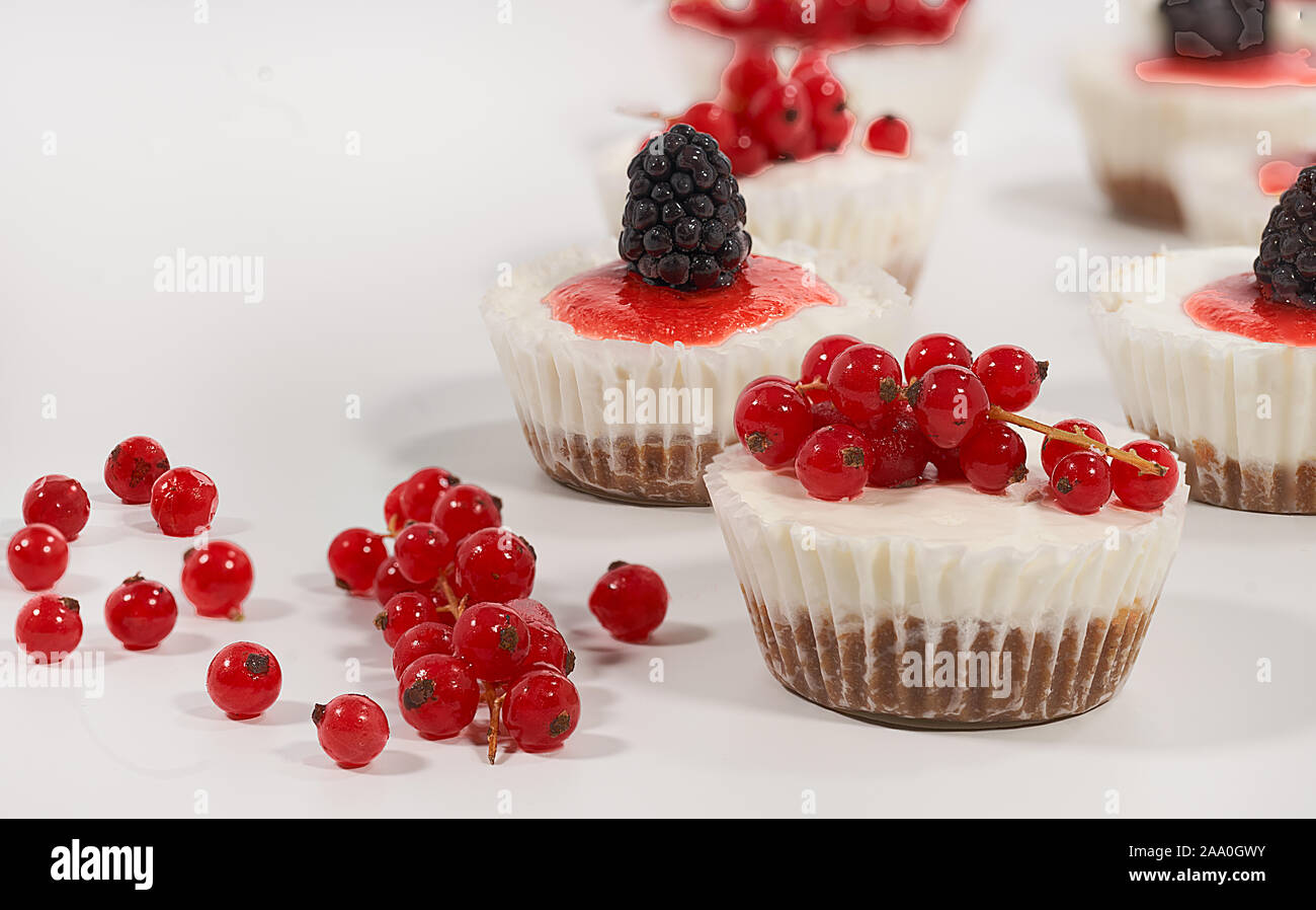 In casa la cheesecake decorate con ribes e mirtillo su sfondo bianco Foto Stock