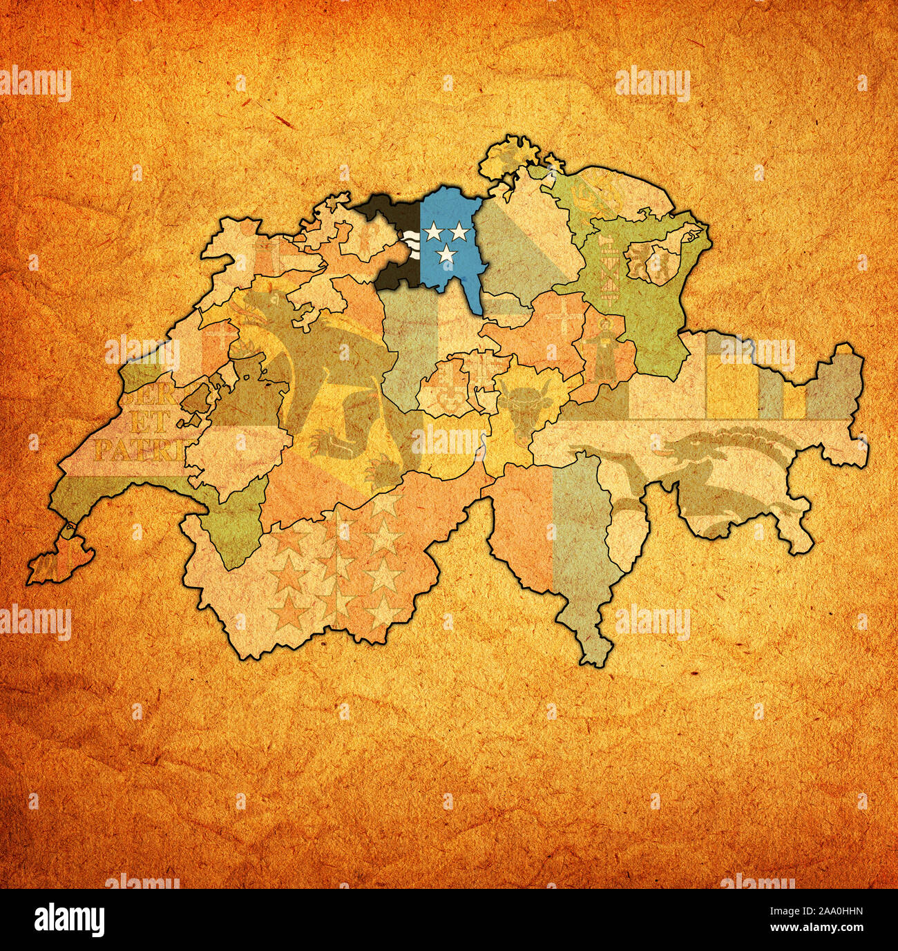 Bandiera e territorio del canton Argovia sulla mappa di divisioni amministrative della Svizzera Foto Stock