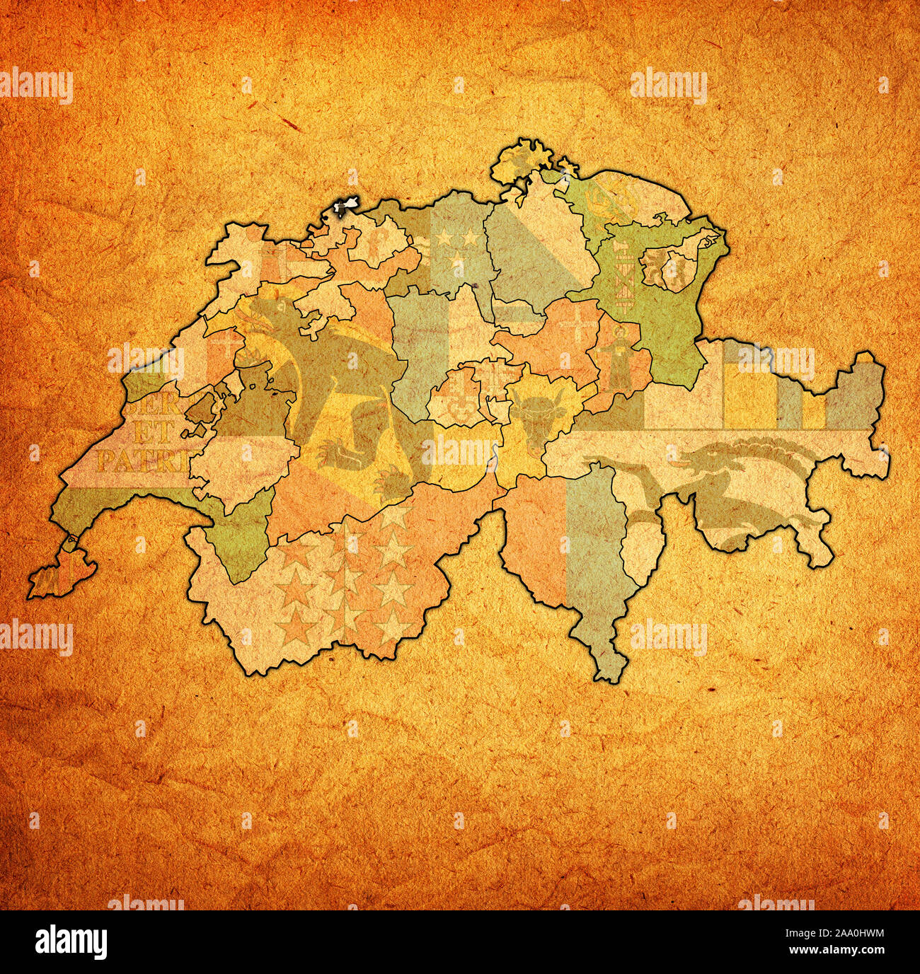 Bandiera e territorio del Cantone di Basilea città sulla mappa di divisioni amministrative della Svizzera Foto Stock