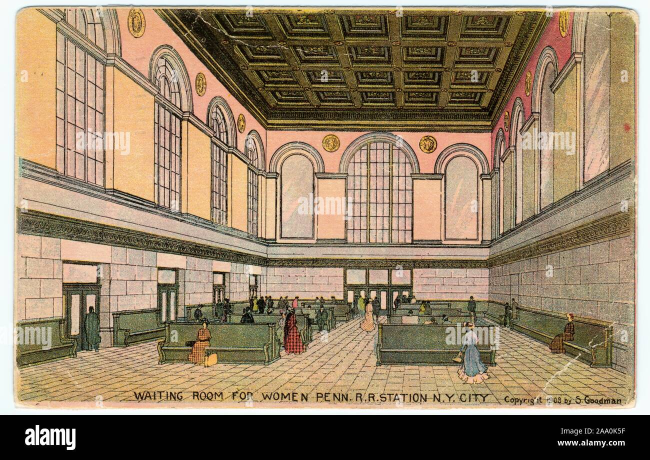 Cartolina illustrata della sala di attesa per le donne all'interno di Pennsylvania Railroad Station, New York City, creato da S. Goodman, 1908. Dalla Biblioteca Pubblica di New York. () Foto Stock
