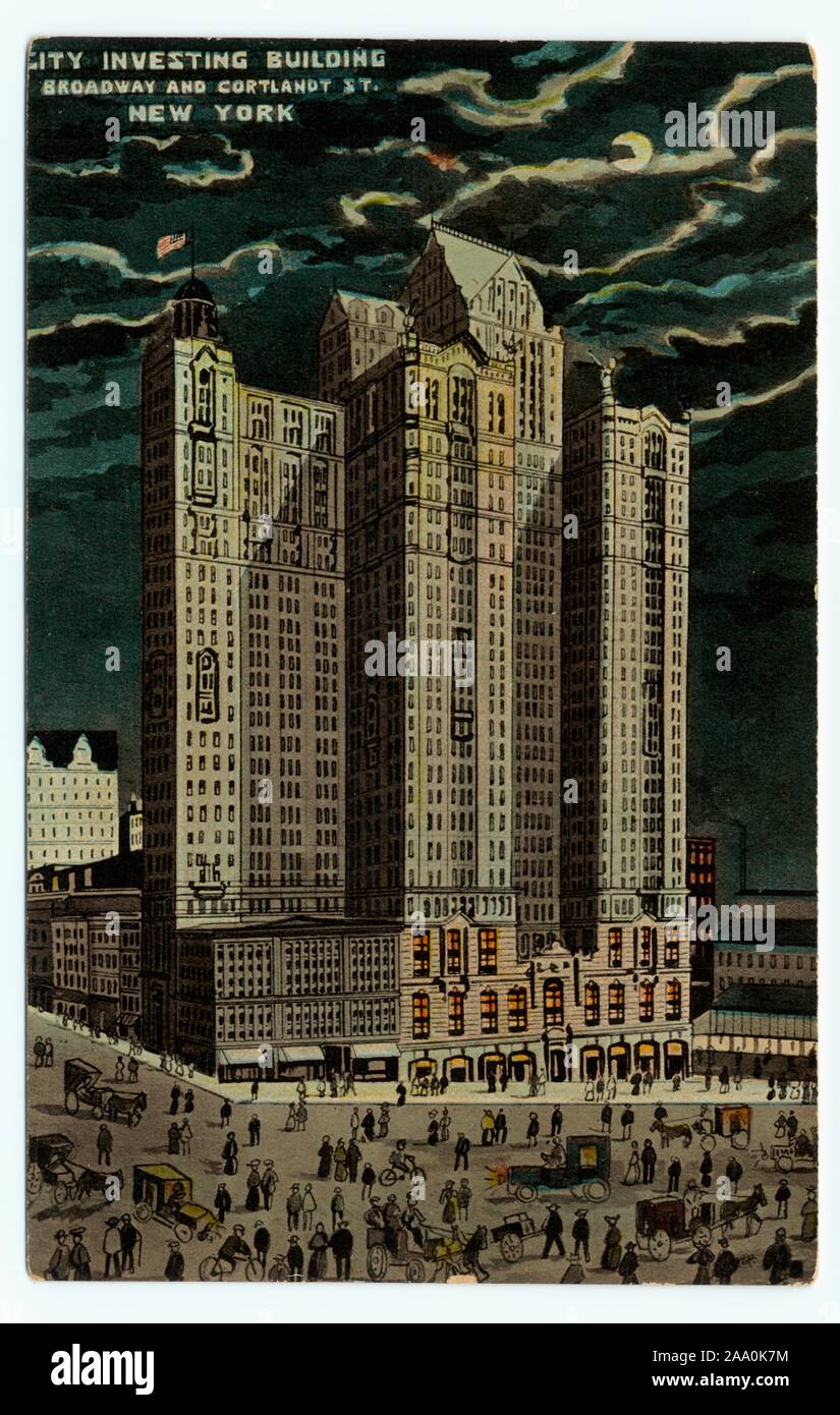 Cartolina illustrata della città investire palazzo all'angolo di Broadway e Cortland Street di notte, New York City, pubblicato da Theodor Eismann, 1909. Dalla Biblioteca Pubblica di New York. () Foto Stock