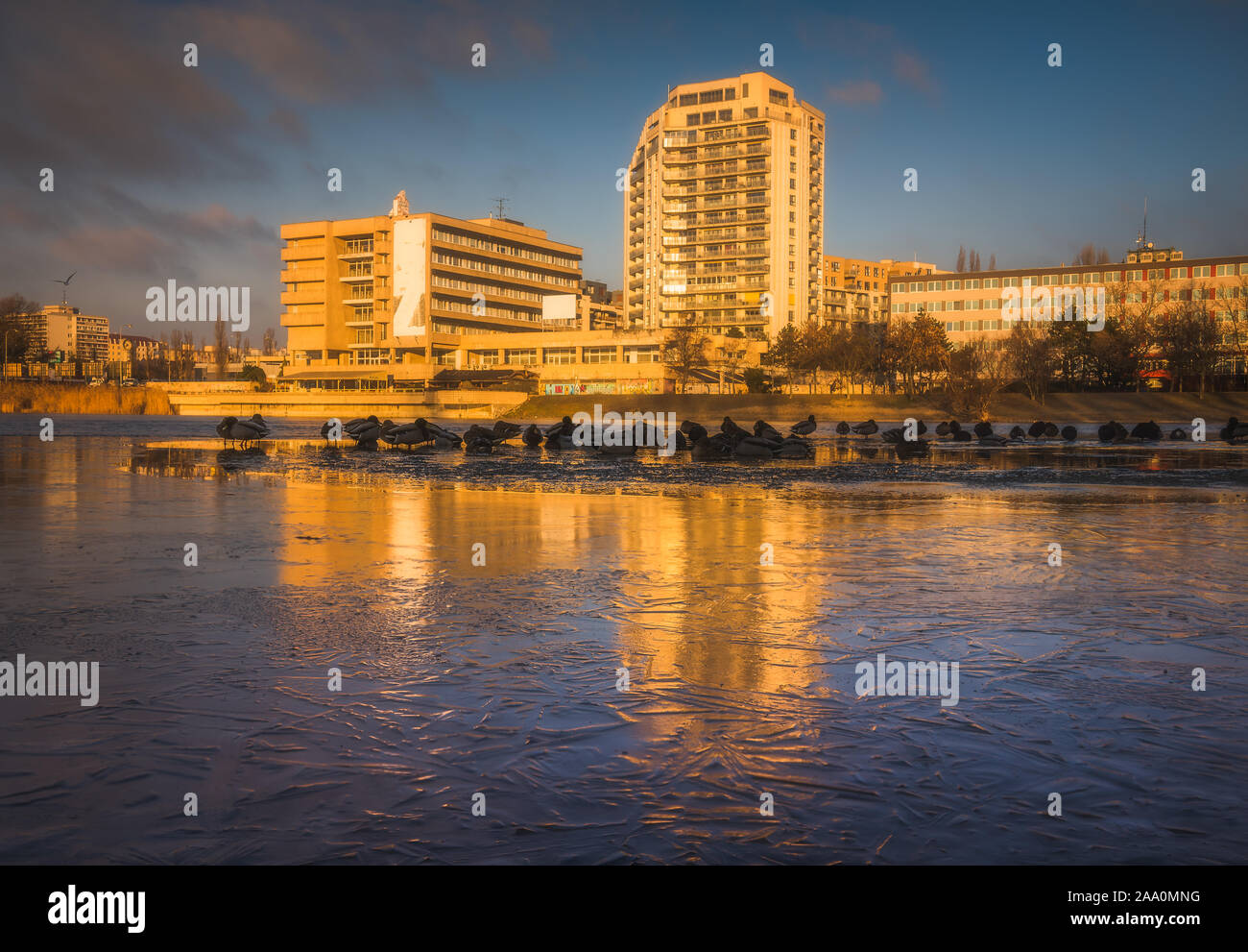 Edifici per uffici con riflessioni in semi Forzen Strkovec lago a Bratislava, in Slovacchia Foto Stock