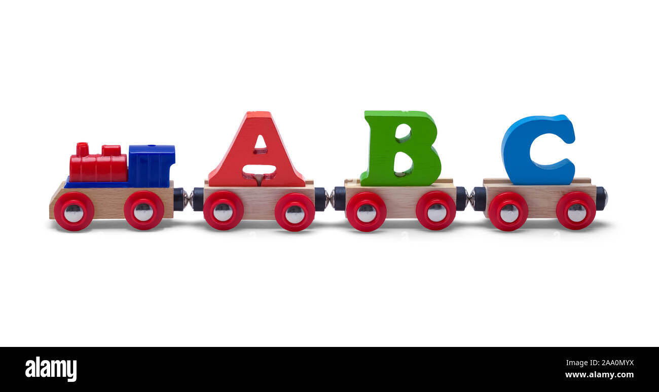 Legno ABC Toy Train isolati su sfondo bianco. Foto Stock