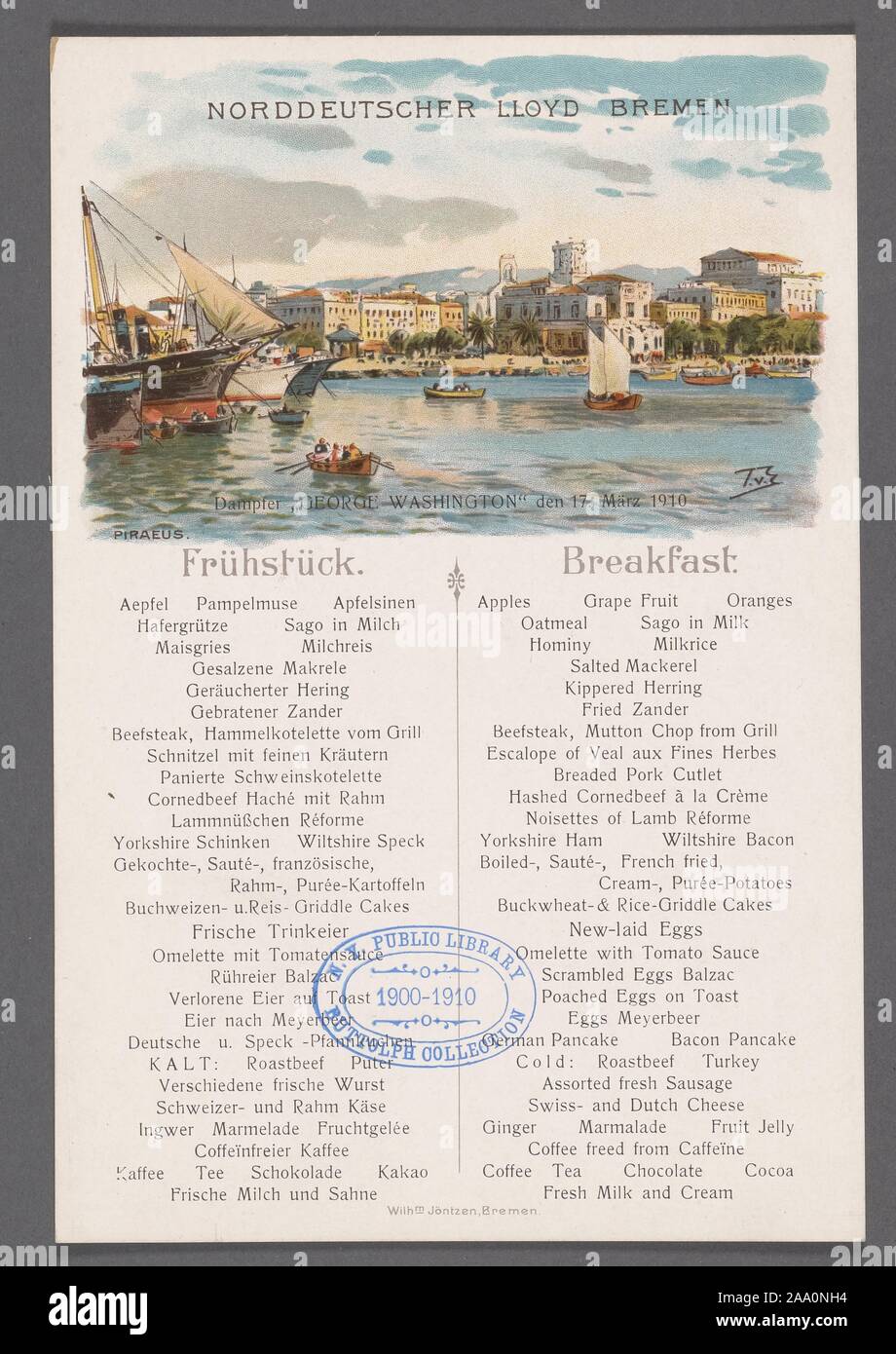 Norddeutscher Lloyd dell'azienda di spedizione menu colazione in tedesco e in inglese, con una illustrazione del George Washington steamboat e il porto del Pireo, Brema, Germania, 17 marzo 1910. Dalla Biblioteca Pubblica di New York. () Foto Stock