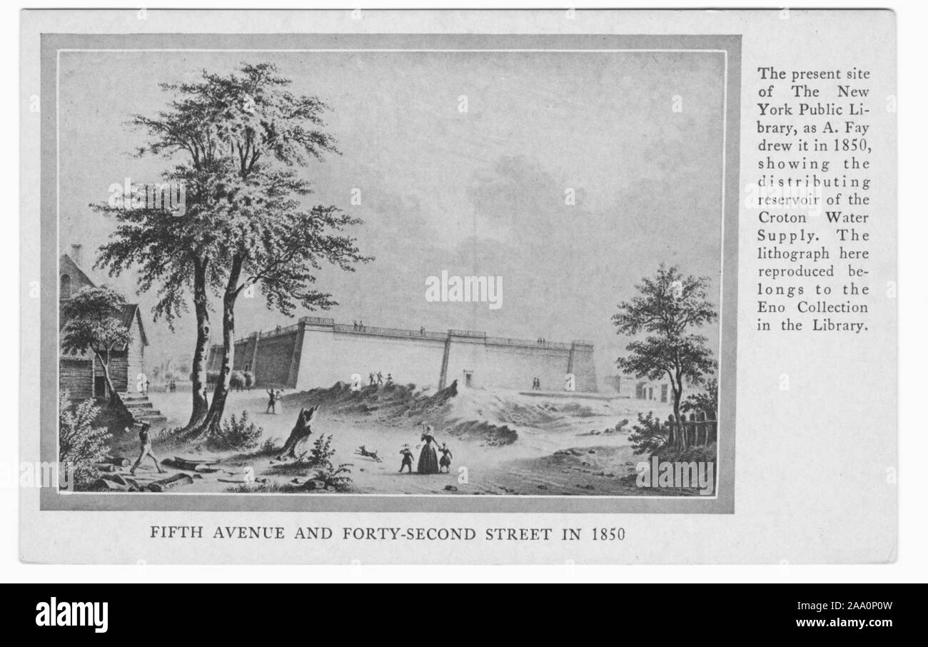 Cartolina inciso del serbatoio di distribuzione del Croton alimentazione idrica nel 1850, situato all'angolo con la 5th Avenue e la 42th Street, New York City, copyright da Augusto Fay, pubblicato dalla Biblioteca Pubblica di New York, 1930. Dalla Biblioteca Pubblica di New York. () Foto Stock