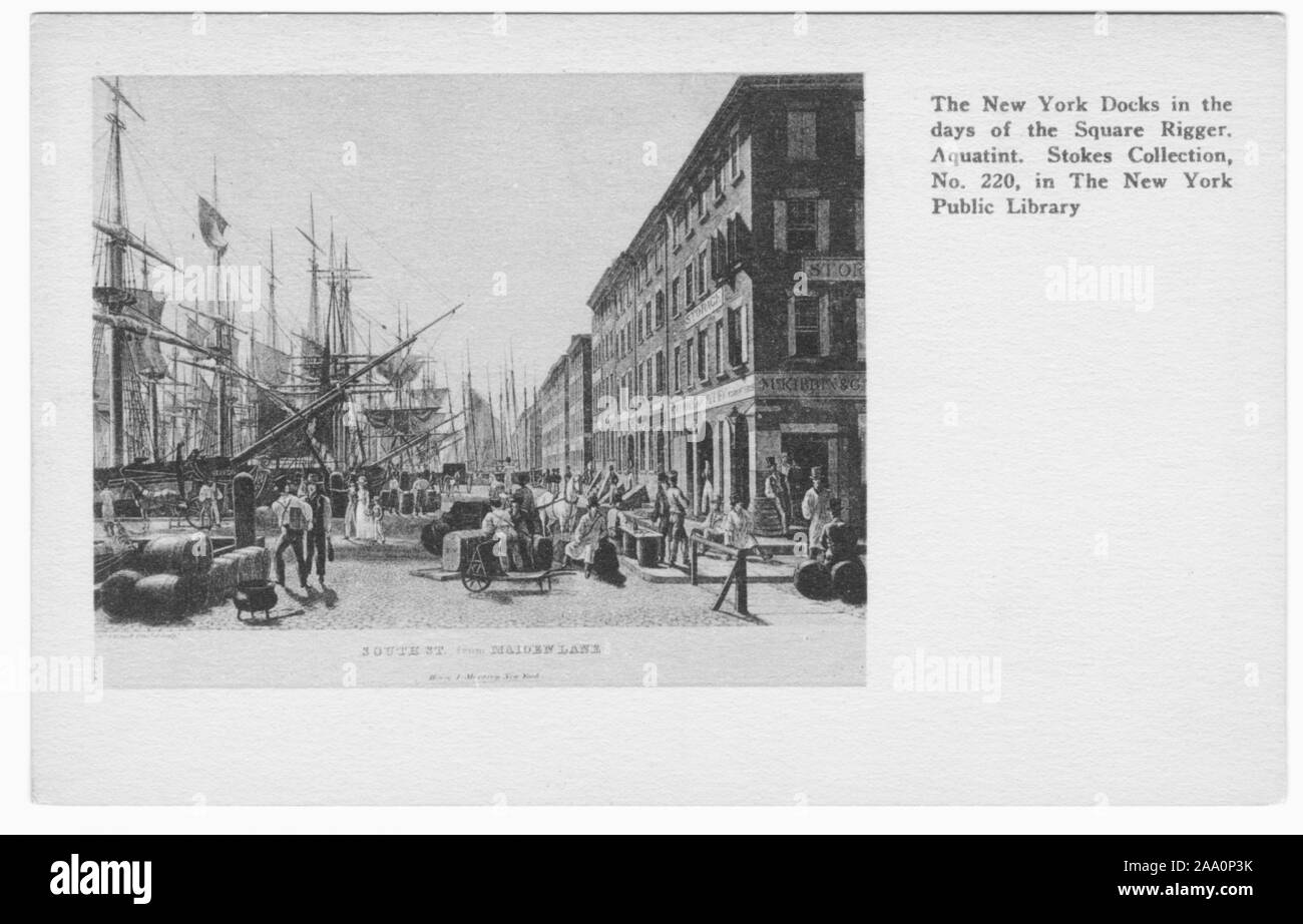 Cartolina inciso di una giornata a New York il dock con piazza-truccate navi, New York City, pubblicato dalla Biblioteca Pubblica di New York, 1935. Dalla Biblioteca Pubblica di New York. () Foto Stock