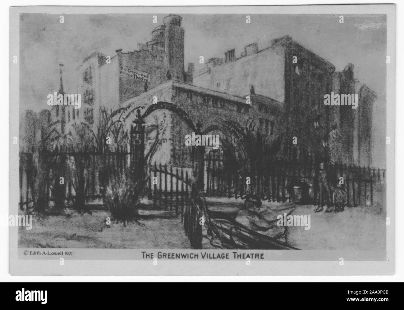 Cartolina inciso di un cancello che conduce al villaggio di Greenwich Theatre, 220 W 4th Street, New York City, copyright by Edith A. Lowell, 1921. Dalla Biblioteca Pubblica di New York. () Foto Stock