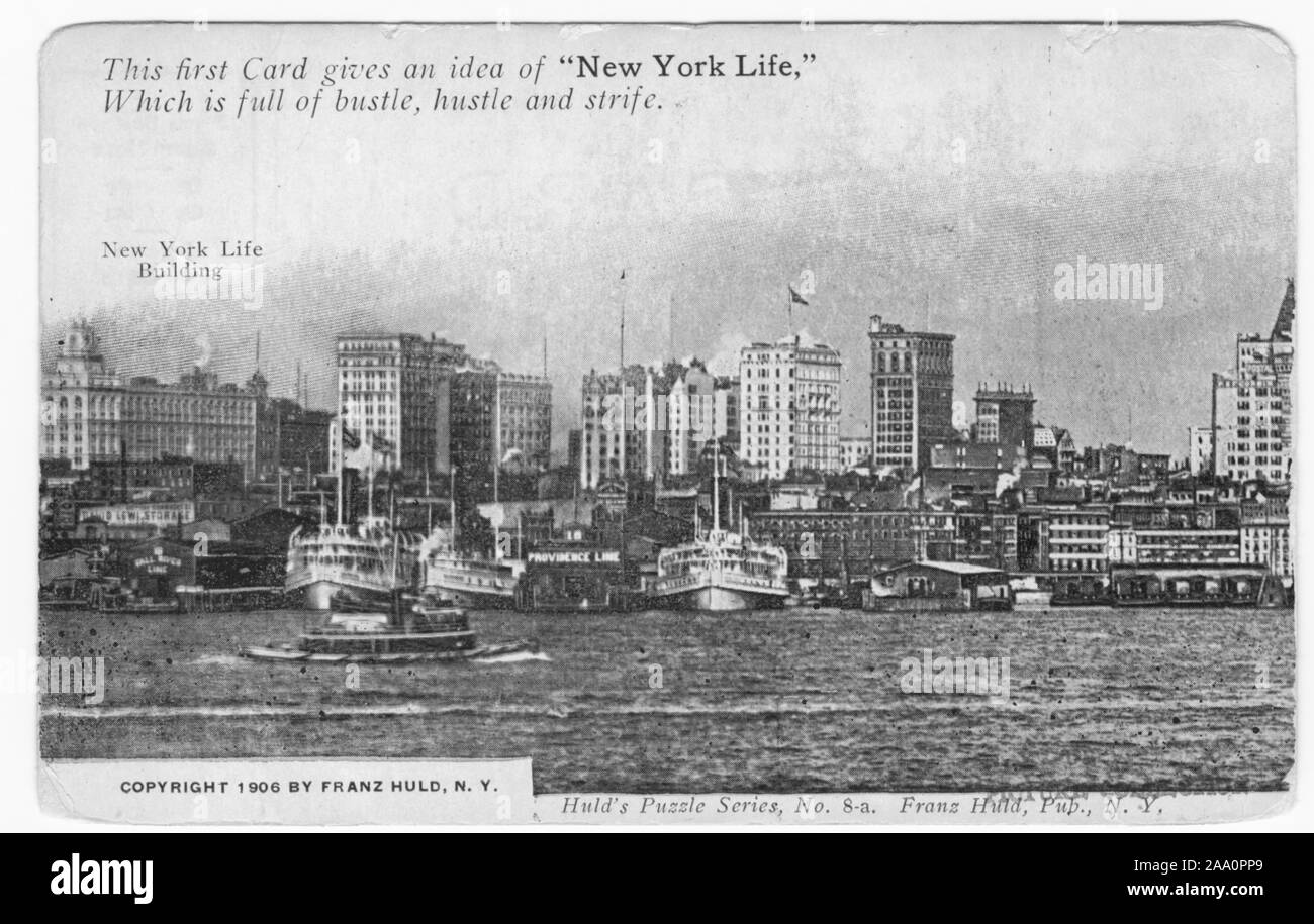 Cartolina inciso della skyline di New York e il porto di New York City, Huld della serie di puzzle, creato e pubblicato da Franz Huld, 1906. Dalla Biblioteca Pubblica di New York. () Foto Stock