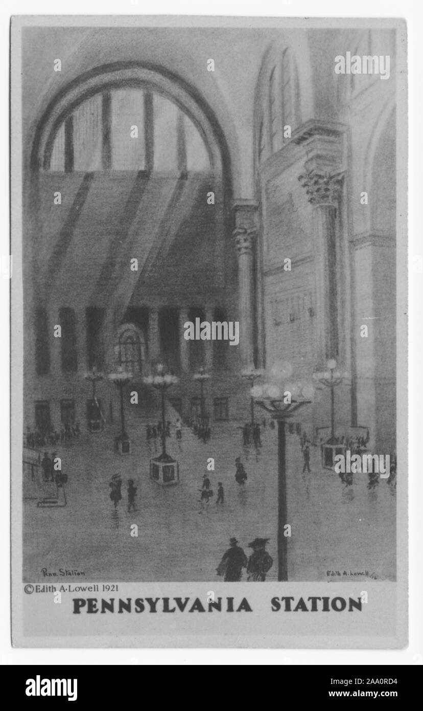 Cartolina inciso dell'interno della Pennsylvania Railroad Station, Manhattan, New York City, illustrato da Edith A. Lowell, 1921. Dalla Biblioteca Pubblica di New York. () Foto Stock