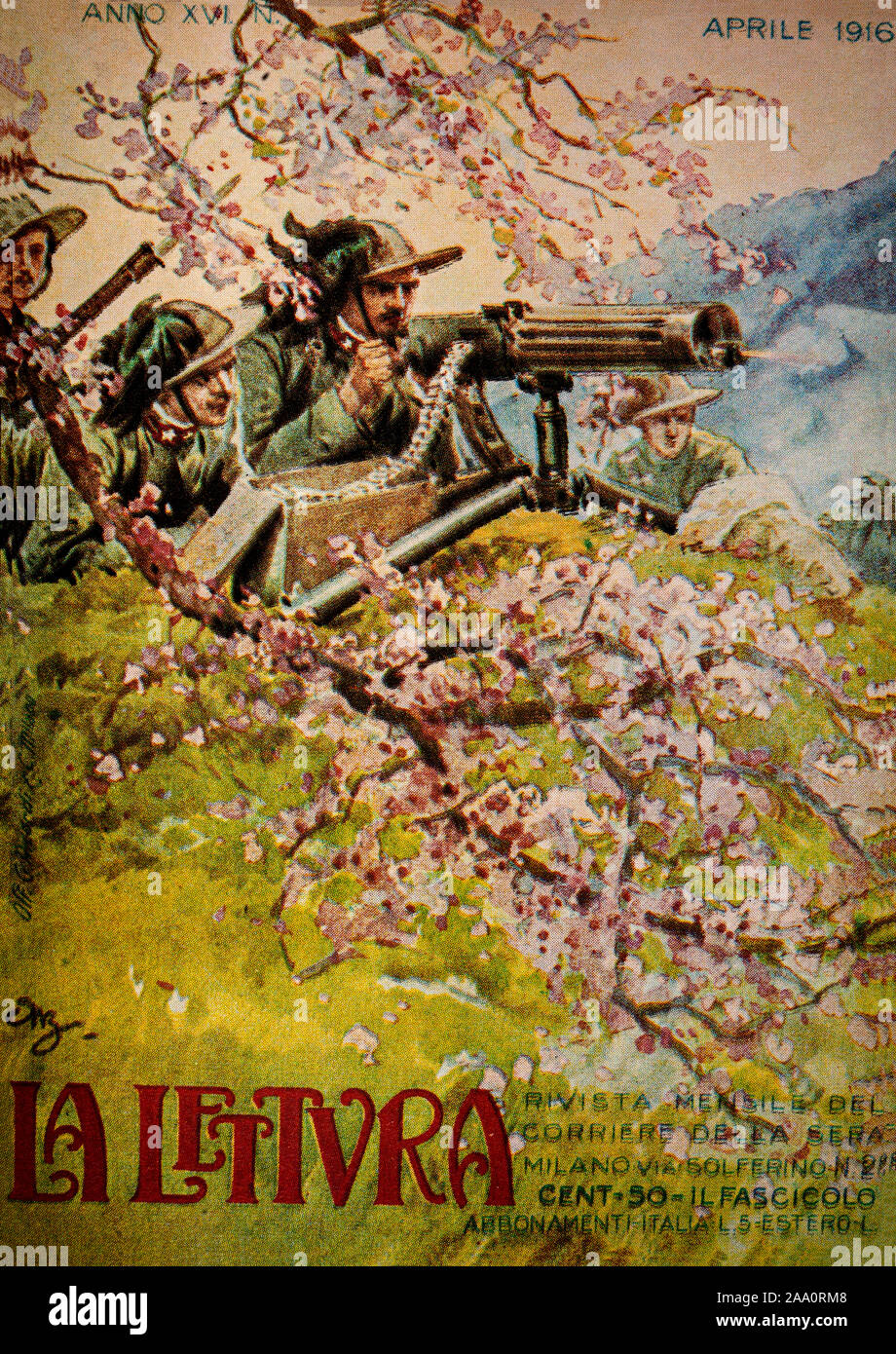 Un coperchio shot illustrante idealizzato Alpini durante la loro 1917 lotta con gli austriaci. Da La Lettura, un illustrata rivista mensile. Foto Stock