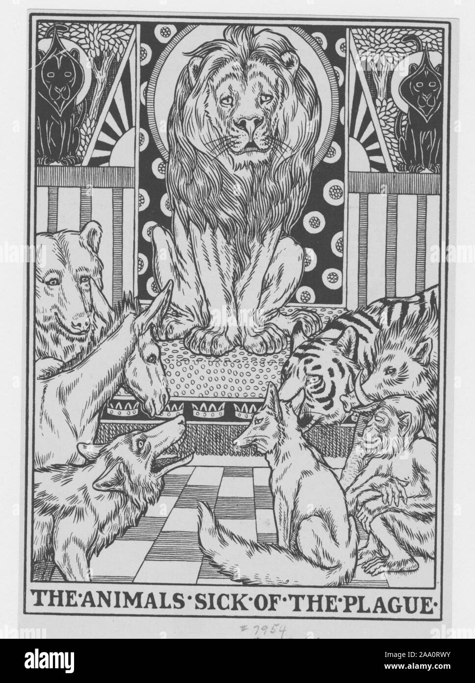 Illustrazione monocromatica di una scena dal libro "Un centinaio di favole di La Fontaine' per autore Jean de La Fontaine, dotate di un leone e una tigre e vari altri animali ammalati di peste, illustrato da Percy J Billinghurst, pubblicato da John Lane, 1900. Dalla Biblioteca Pubblica di New York. () Foto Stock