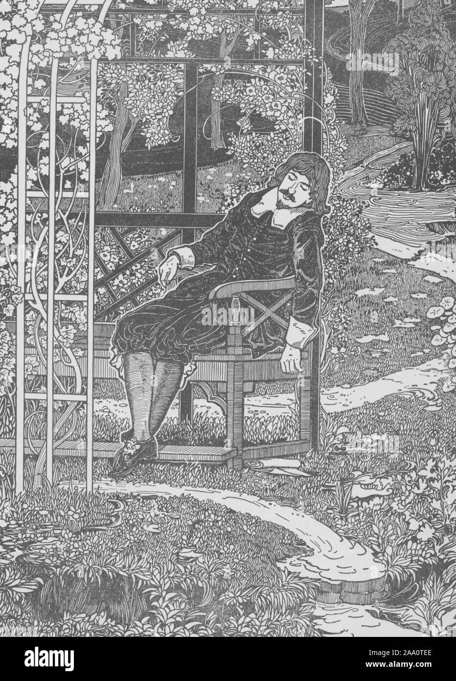 Illustrazione monocromatica di una scena dal libro "Pilgrim's Progress" di John Bunyan, dotate di pellegrino addormentato su un banco in un giardino, illustrato da George Rhead, pubblicato dal secolo Co, 1898. Dalla Biblioteca Pubblica di New York. () Foto Stock