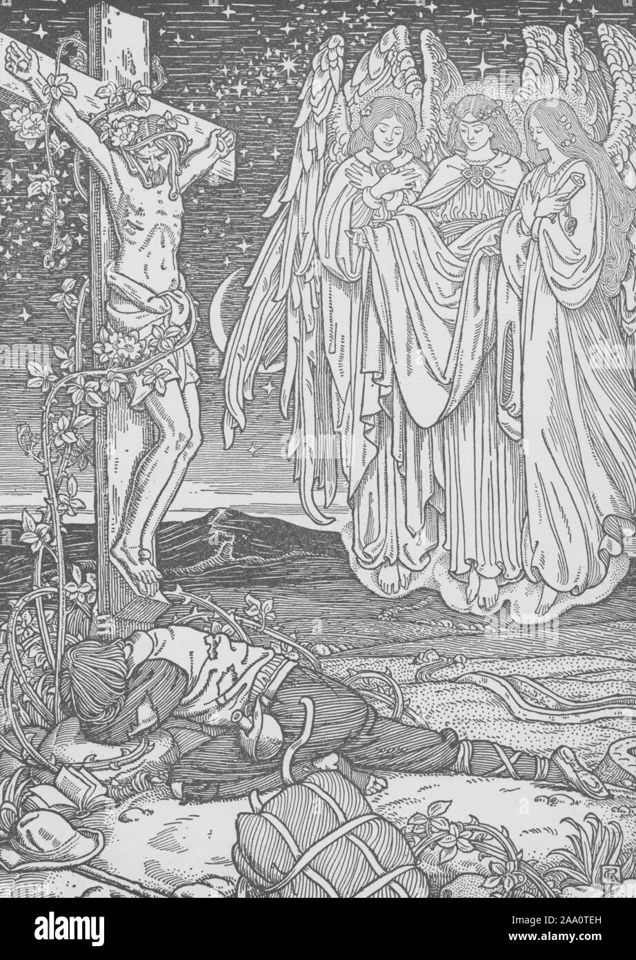 Illustrazione monocromatica di una scena dal libro "Pilgrim's Progress" di John Bunyan, dotato del pellegrino esaurito sdraiata ai piedi di un grande crocifisso, con tre angeli alati guardando, illustrato da George Rhead, pubblicato dal secolo Co, 1898. Dalla Biblioteca Pubblica di New York. () Foto Stock