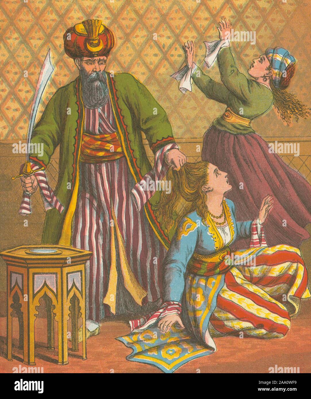 Illustrazione di una scena dal libro "blu Barba' per autore Charles Perrault, dotate di Barbablù tenendo una sciabola in una mano e la holding Fatima per i capelli con l'altra, pubblicato da McLoughlin fratelli, 1884. Dalla Biblioteca Pubblica di New York. () Foto Stock