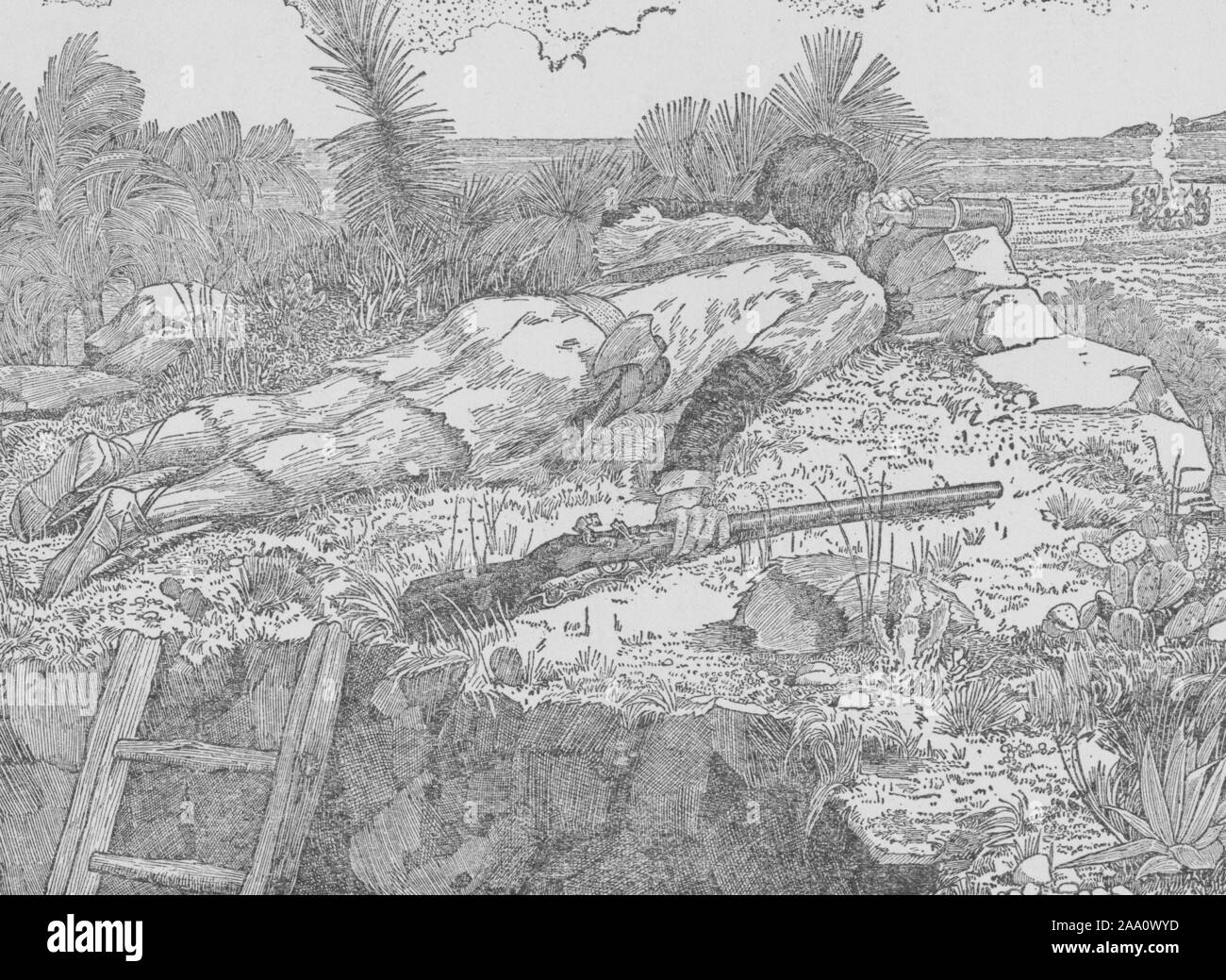 Illustrazione monocromatica di una scena dal libro "Robinson Crusoe' per autore Daniel Defoe, dotate di Crusoe sdraiato in boccole guardando attraverso un telescopio ad alcuni indigeni che sono sbarcati sull'isola, illustrato da Louis Rhead, pubblicato da Harper fratelli, 1900. Dalla Biblioteca Pubblica di New York. () Foto Stock