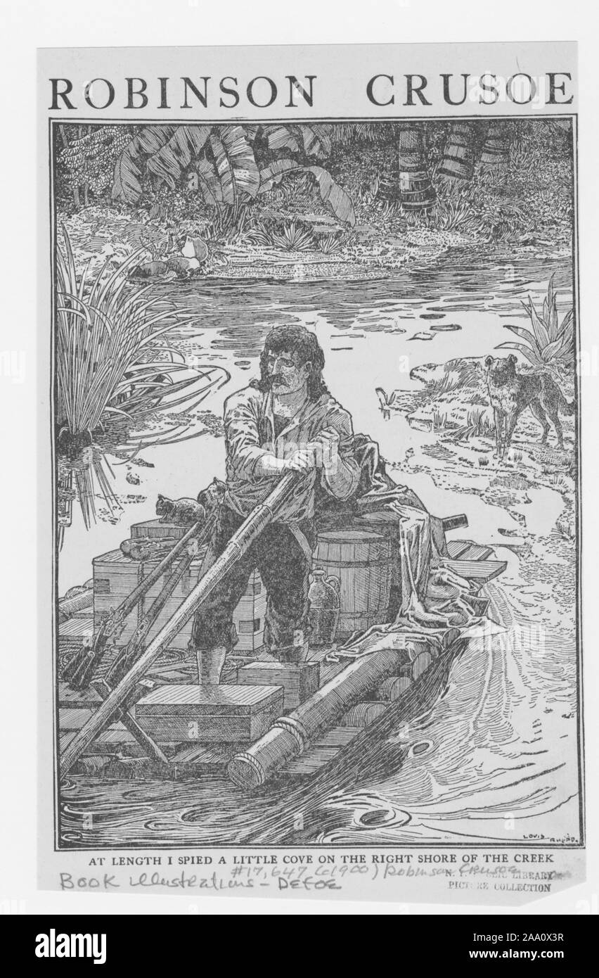 Illustrazione monocromatica di una scena dal libro "Robinson Crusoe' per autore Daniel Defoe, dotate di Crusoe vela su una zattera con materiali recuperati dal naufragio, illustrato da Louis Rhead, pubblicato da Harper fratelli, 1900. Dalla Biblioteca Pubblica di New York. () Foto Stock