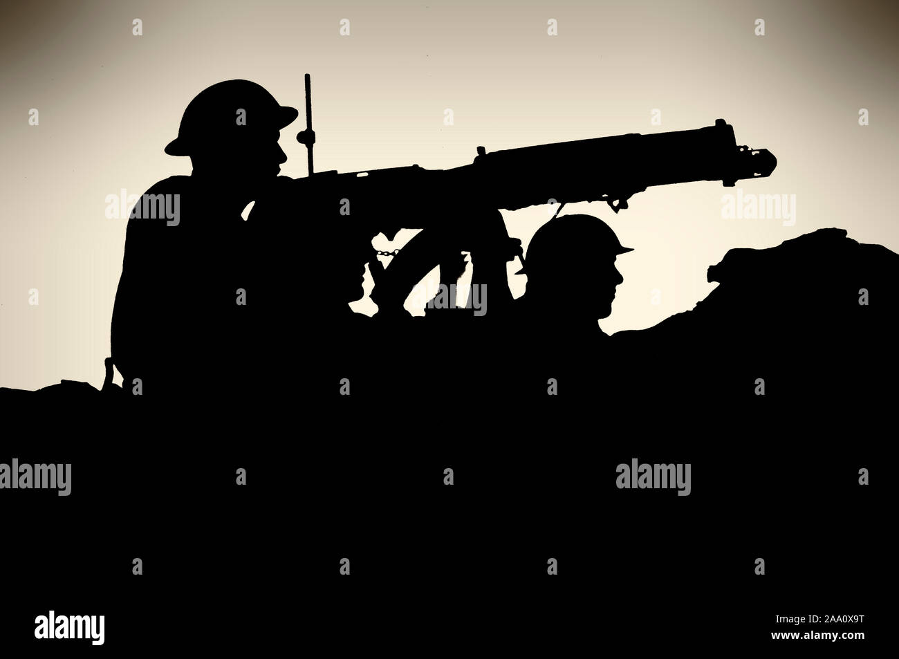 Staglia sul cielo di sera, un British mitragliatrice squad in preparazione per un potenziale invasione tedesca della Gran Bretagna nella Seconda Guerra Mondiale. Foto Stock