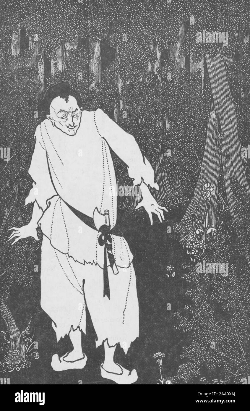 In bianco e nero il disegno di Ali Baba dal "Arabian Nights " Storia " Ali Baba e i quaranta ladri a piedi attraverso il bosco di notte, artista Aubrey Beardsley, 1901. Dalla Biblioteca Pubblica di New York. () Foto Stock