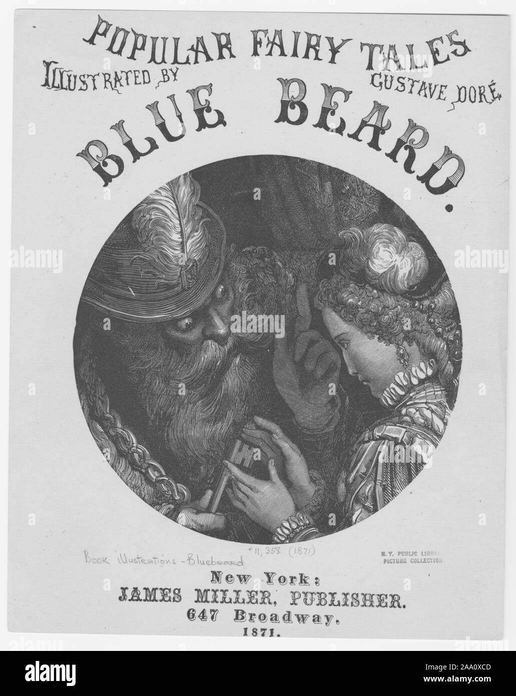 Coperchio inciso del libro 'blu Barba' per autore Charles Perrault, dotate di Bluebird dando una chiave a Fatima, illustrata da Gustave Dore, pubblicato da James Miller, 1871. Dalla Biblioteca Pubblica di New York. () Foto Stock