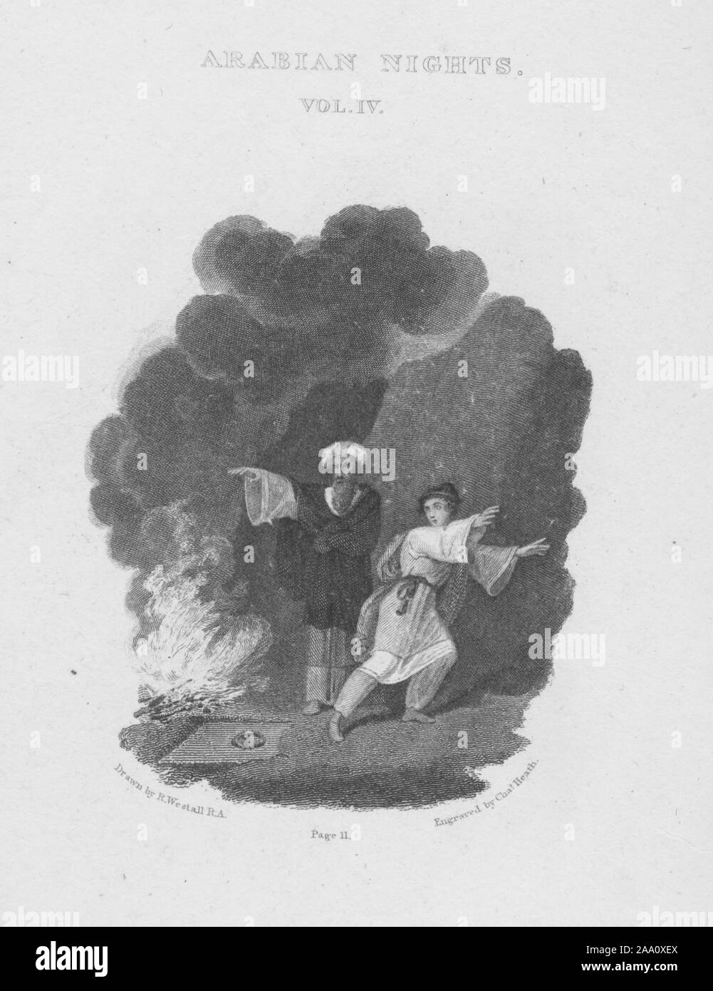 Le illustrazioni incise di una scena dal libro "L'Arabian Nights' che presenta il mago illuminazione di un incendio e la scopertura di entrata di una grotta sotterranea, con Aladdin a guardare in stupore, da illustrator Richard Westall, pubblicato da Thomas Davidson, 1819. Dalla Biblioteca Pubblica di New York. () Foto Stock
