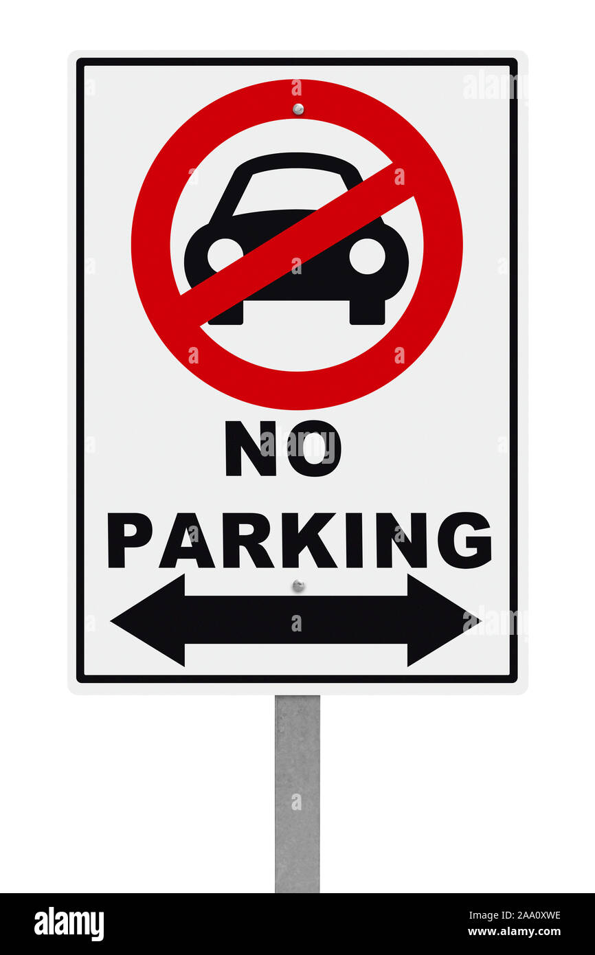 Nessun segno di parcheggio con il simbolo auto isolati su sfondo bianco. Foto Stock