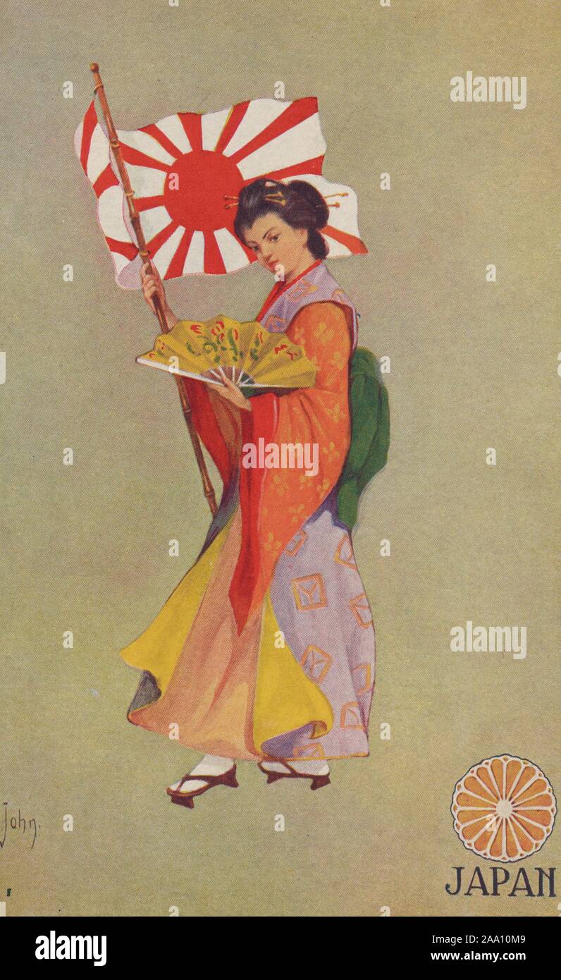 Cartolina illustrata di una donna che indossa giapponese tradizionale abito kimono e geta sandali, tenendo la bandiera giapponese in una mano e un ventilatore in altri, artista James Allen San Giovanni, 1908. Dalla Biblioteca Pubblica di New York. () Foto Stock