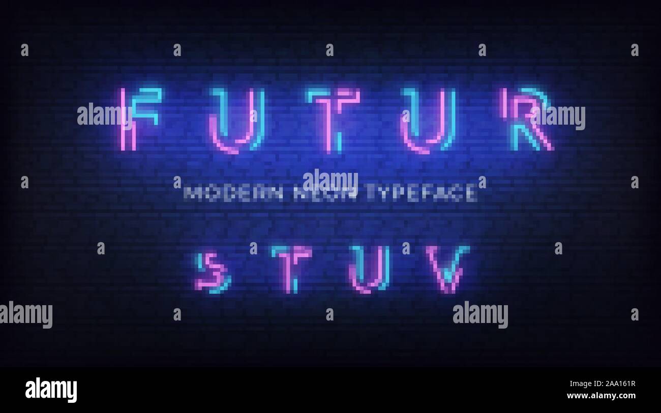 Luce al neon alfabeto font. Incandescente illuminati al neon 3d carattere tipografico moderno. Le lettere s, t, u, v Illustrazione Vettoriale