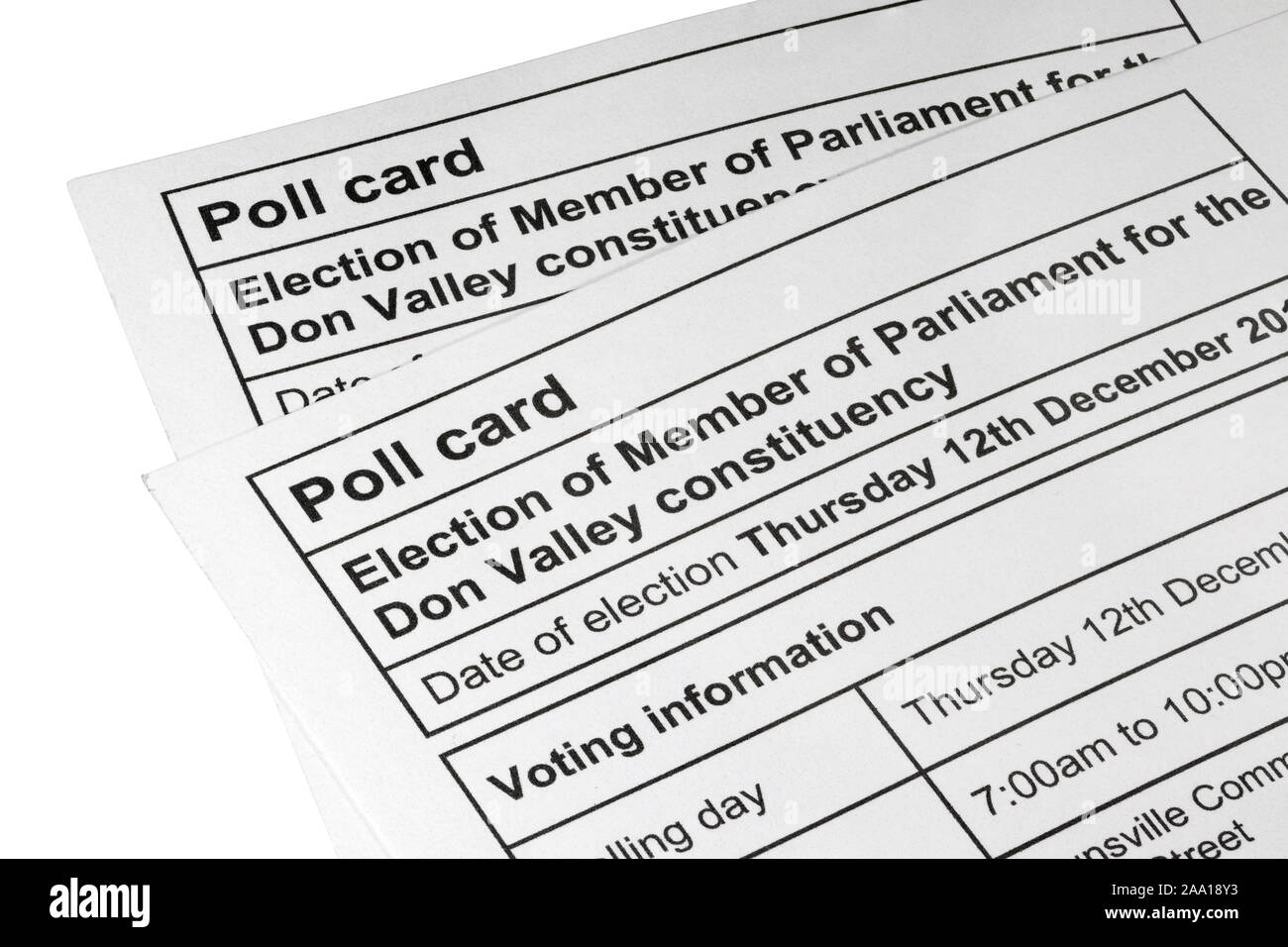 Scheda di polling per il dodicesimo dicembre 2019 elezione generale isolata su uno sfondo bianco. Don Valley circoscrizione. Foto Stock