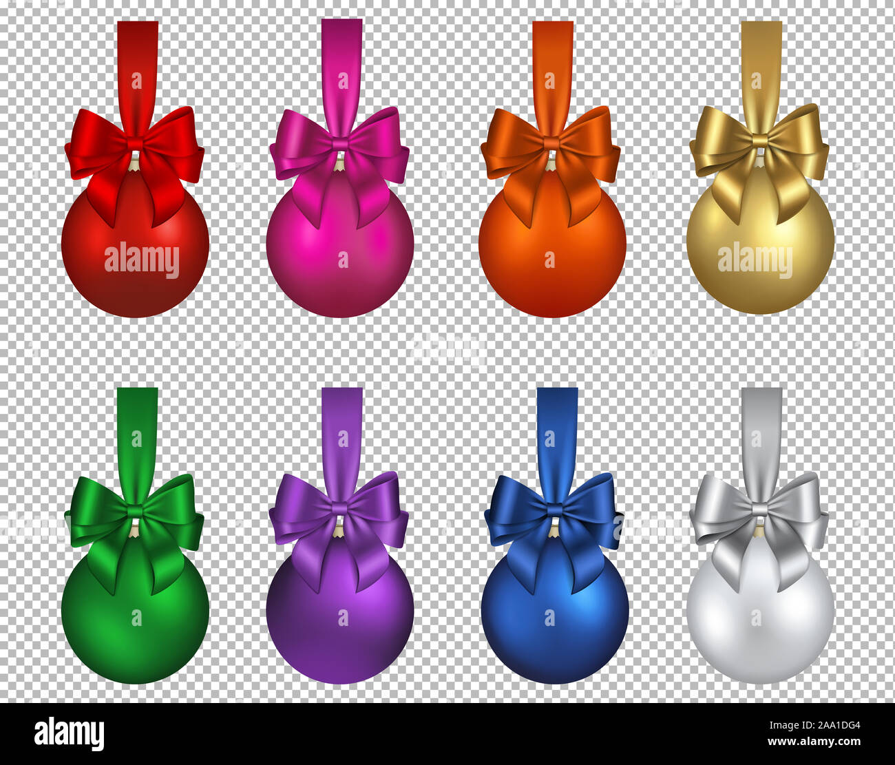Impostare isolato colorate palle di Natale con fiocchi e nastri Foto Stock