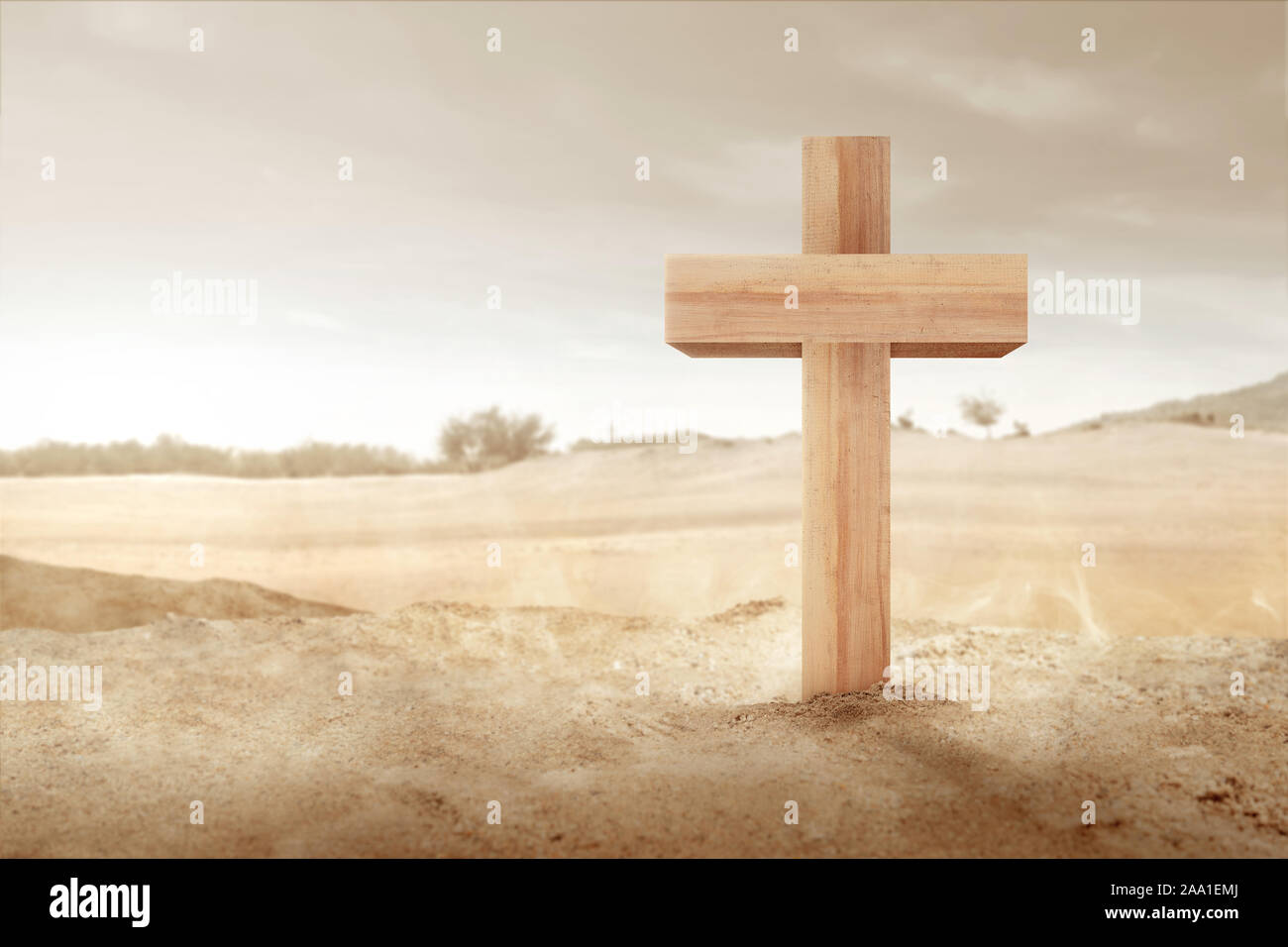 Una croce cristiana sulla sabbia con lo sfondo del deserto Foto stock -  Alamy