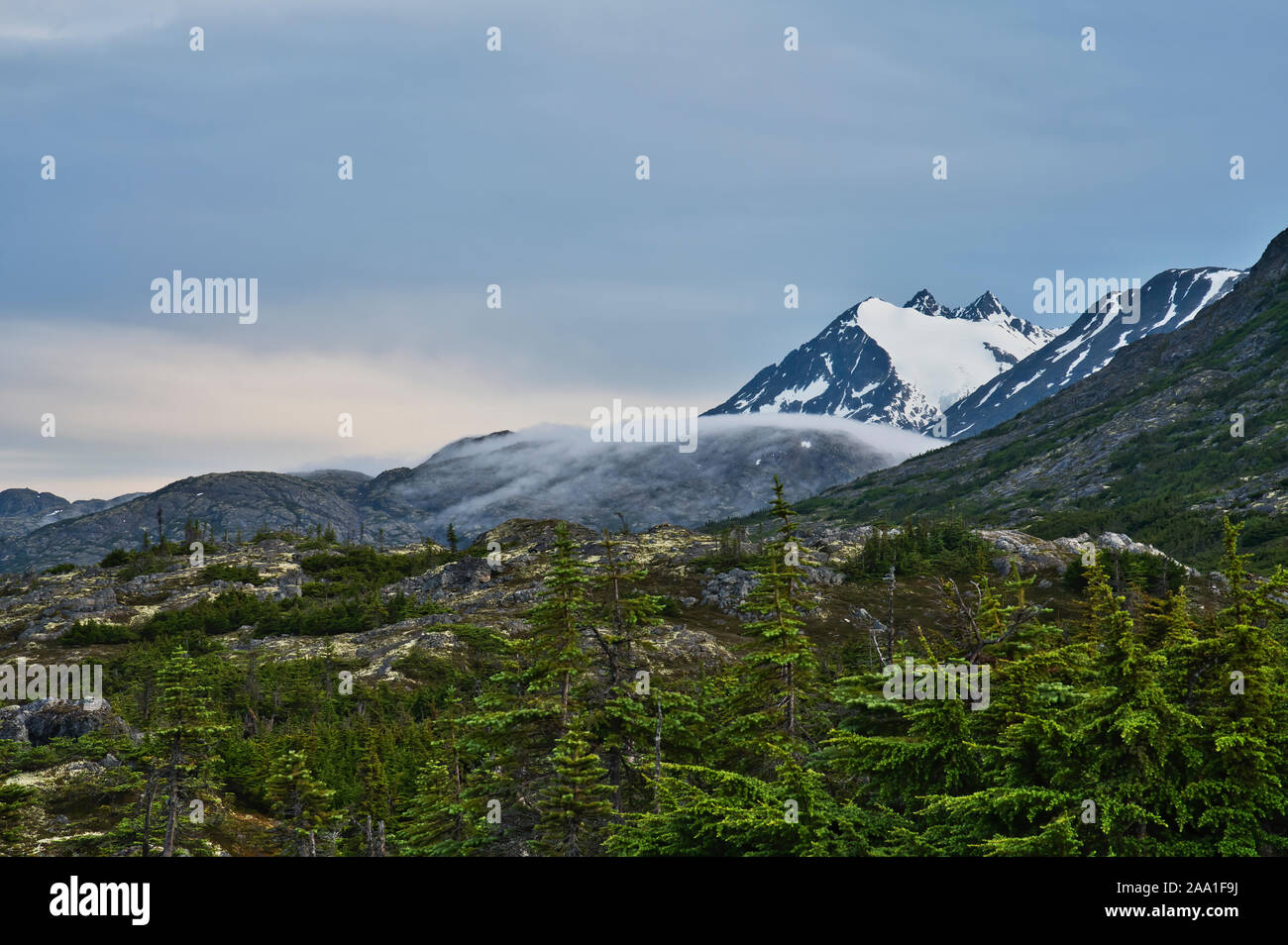 Picchi di montagna con la neve e un basso livello di nebbia vicino al bianco passare sull'Alaskan e confine canadese in estate. Foto Stock