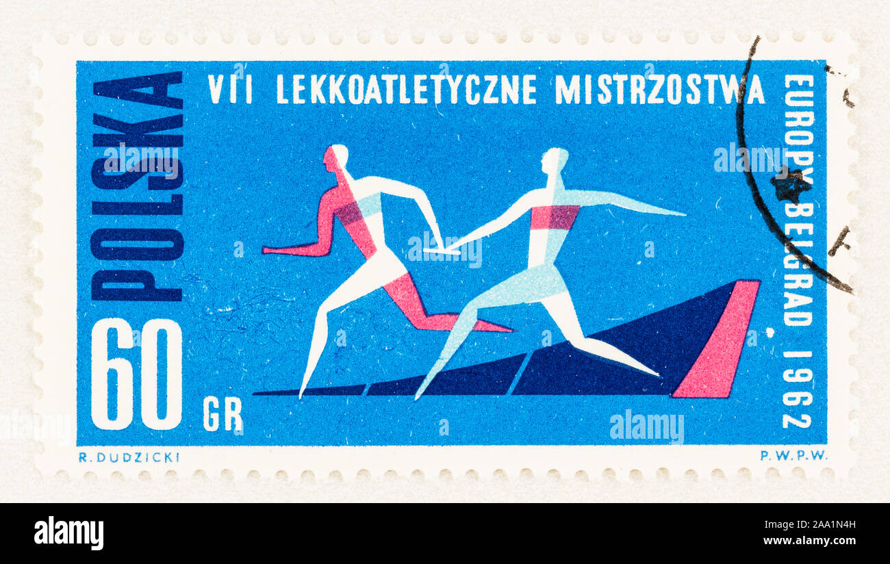 SEATTLE WASHINGTON - Ottobre 9, 2019: Polacco francobollo commemorativo del 7° l'Atletica Europea evento sportivo di Belgrado Iugoslavia nel 1962. Foto Stock
