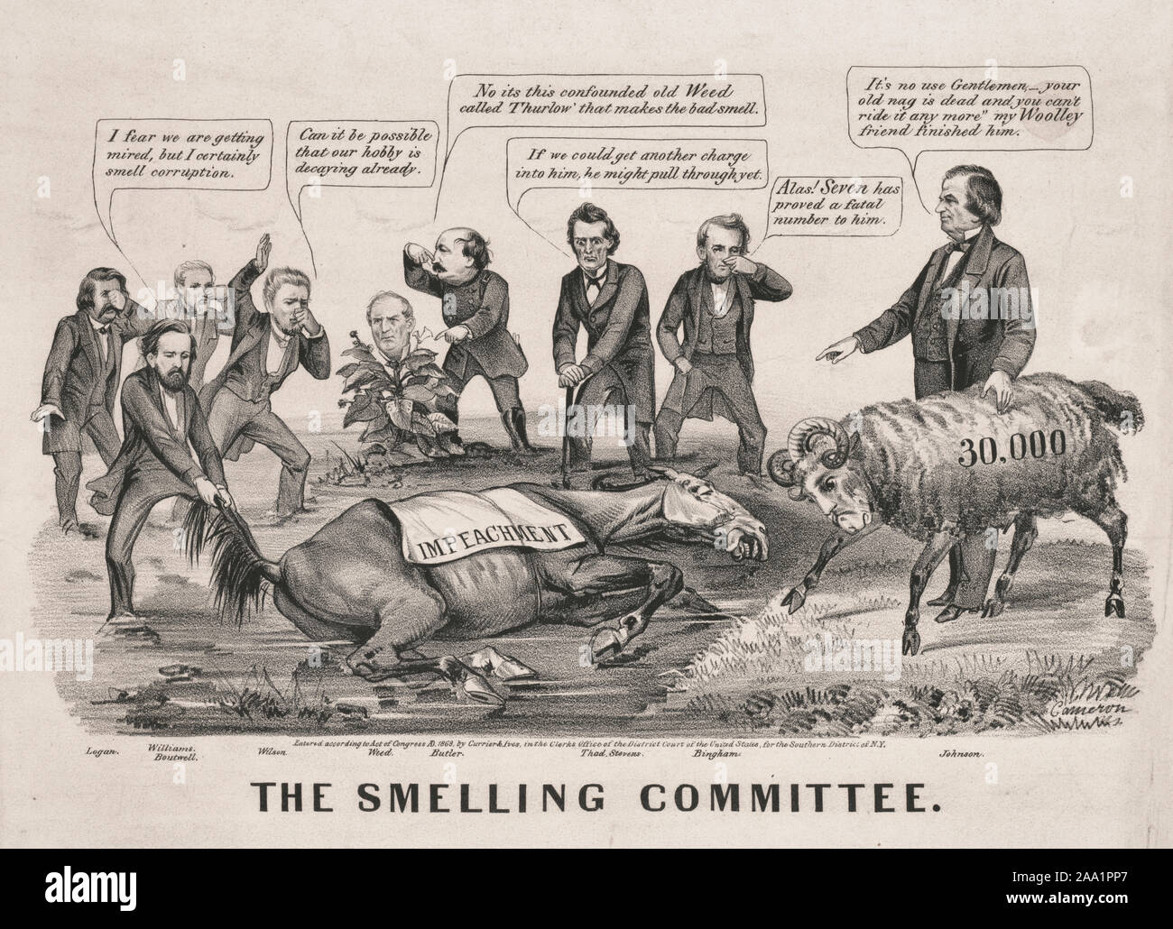 L'odore di comitato - Il mancato impeachment procedimenti avviati dal radicale repubblicani contro il Presidente Andrew Johnson nel 1868 sono paragonati a un cavallo morto: emanando un gran fetore con alcuna speranza per la rinascita. Nelle varie figure coinvolte nell'impeachment procedimento circondano il marciume la carcassa di un cavallo avvolto in una coperta "impeachment", tenendo i loro nasi da l'odore. Gli uomini sono (da sinistra a destra) John A. Logan, George S. Boutwell, Thomas Williams, Benjamin F. Butler, Thaddeus Stevens e John A. Bingham. Boutwell tira la coda di cavallo, dicendo: "Temo che stiamo ottenendo mir Foto Stock