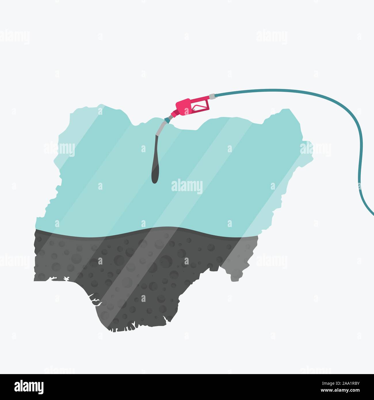 Mappa di Nigeria, in Africa, essendo alimentato da olio. Pompa del gas alimentato mappa. Sulla mappa vi è la riflessione di vetro. Paese africano. Concettuale. La produzione di olio Illustrazione Vettoriale