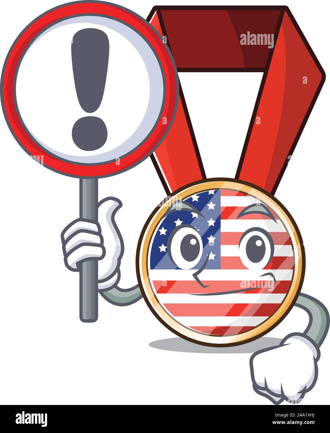 Cartoon usa medaglia con nel segno con carattere di avvertimento Illustrazione Vettoriale