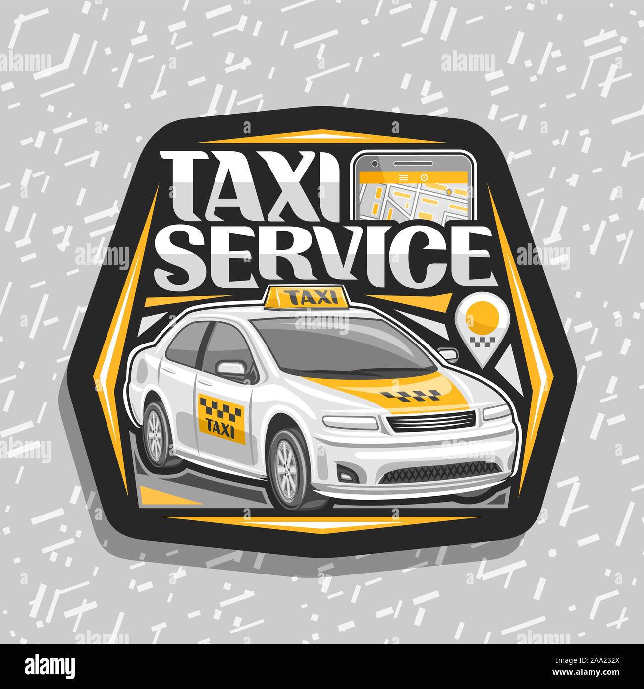 Il logo del vettore per il servizio taxi, nero monogramma decorativo con cartoon permanente berlina e telefono cellulare, originali scritte per parole servizio taxi, innovazione Illustrazione Vettoriale