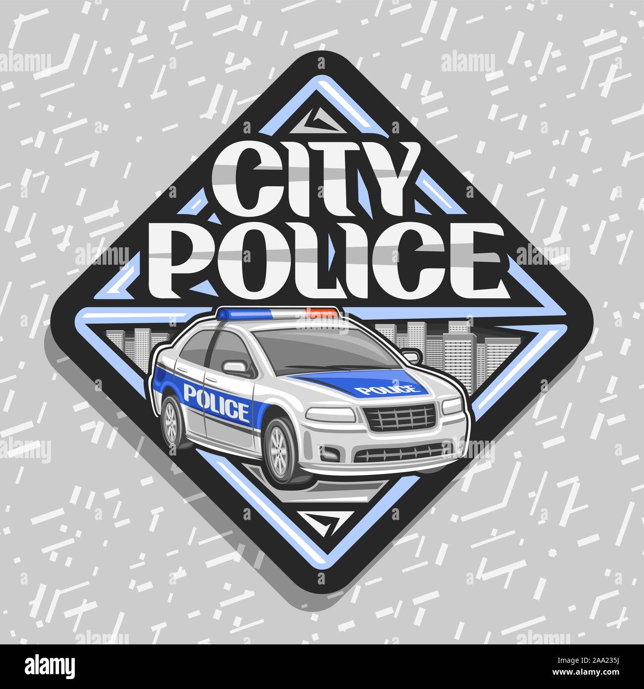 Il logo del vettore per la polizia municipale, nero etichetta decorativo con il cartoon berlina moderna della strada comunale dipartimento, tipografia originale per le parole della polizia in città, Illustrazione Vettoriale