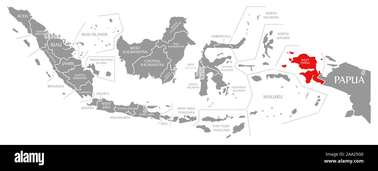 Papua occidentale evidenziata in rosso nella mappa di Indonesia Foto Stock