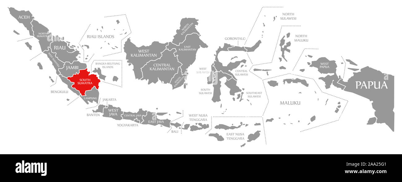 A sud di Sumatra evidenziata in rosso nella mappa di Indonesia Foto Stock