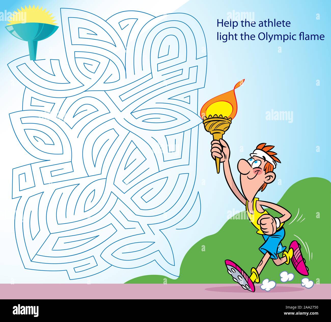 Un puzzle in cui devi aiutare un atleta a piedi attraverso il labirinto per la fiamma olimpica Illustrazione Vettoriale