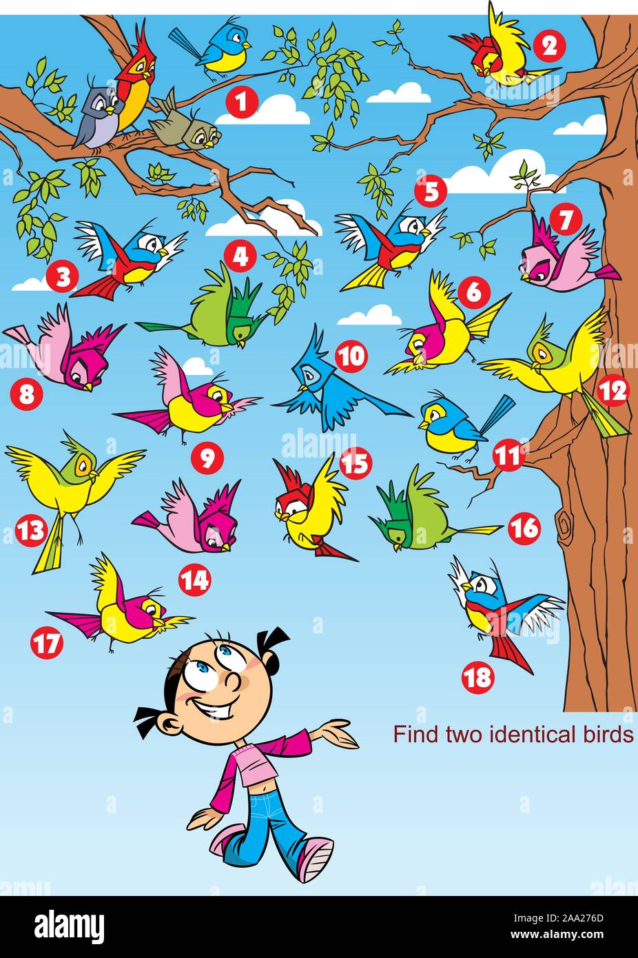 Illustrazione Vettoriale con un puzzle in cui devi trovare due stessi uccelli. Illustrazione Vettoriale