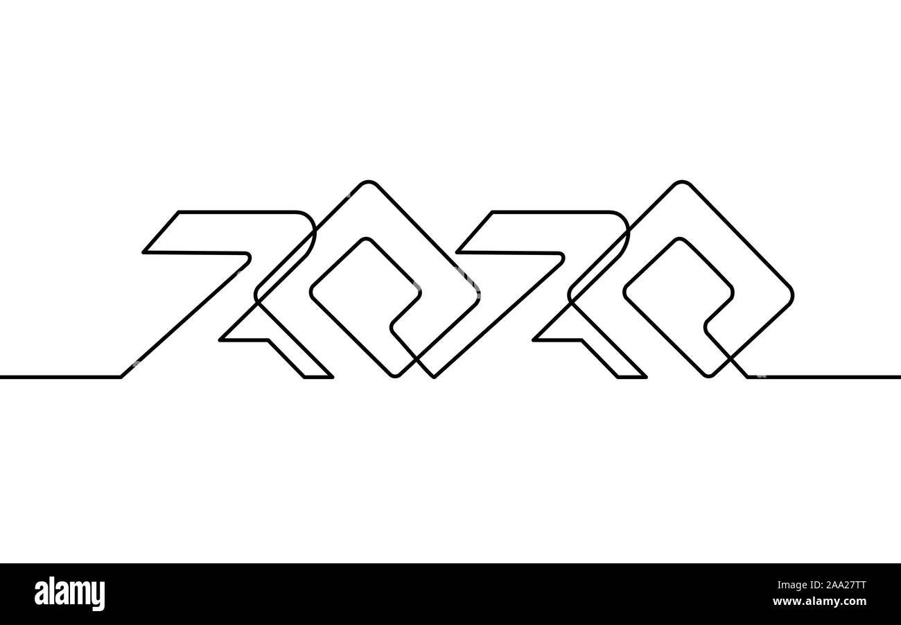 2020 Anno Nuovo singola linea continua art. Bianco nero holiday greeting card headline decorazione. Numeri data scritte silhouette concept design. Uno Illustrazione Vettoriale